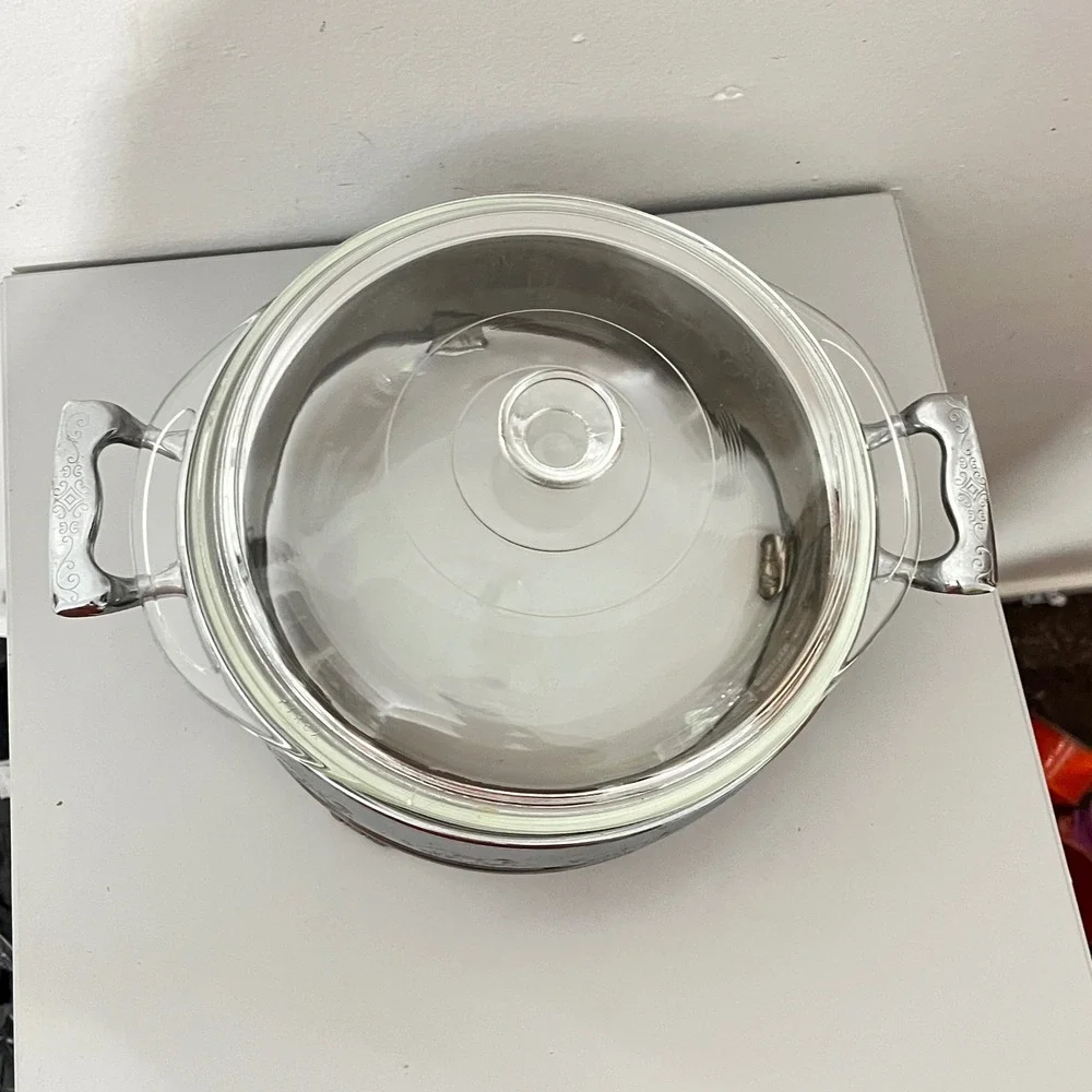 Pyrex Casserole Dish with Silver Metal Warming Stand Clear 8.5